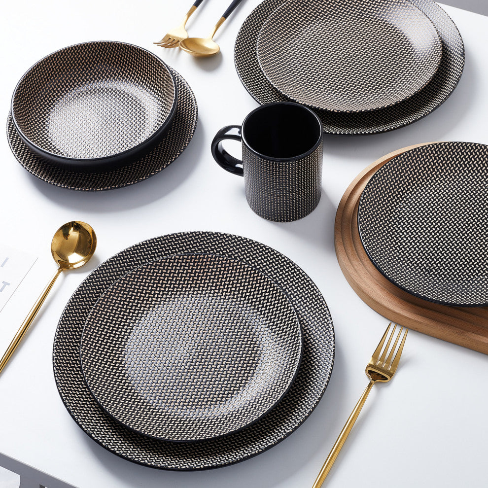 Stone Lain Daisy Stoneware 32 Piece Dinnerware Set, Brown and Black
