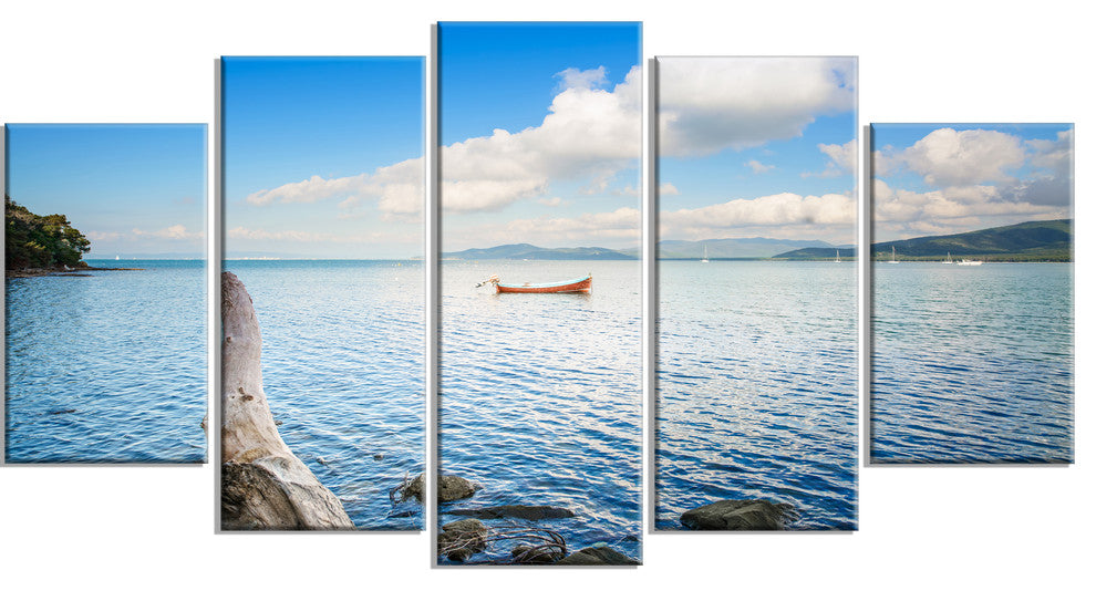"Small Wooden Boat and Tree Trunk" Seashore Wall Art, 5 Panels, 60"x32"