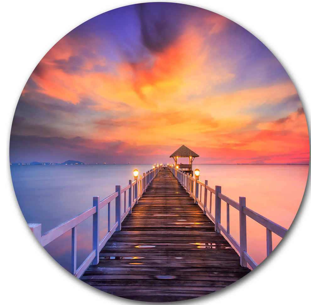 Wooden Bridge, Landscape Photography Round Metal Wall Art, 36"