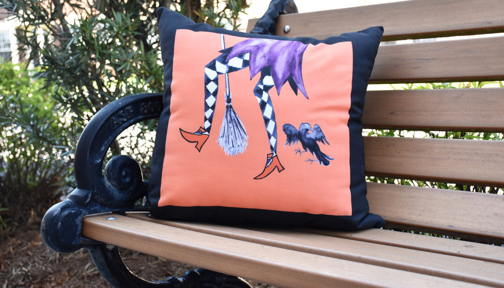 Fly Away Witch Orange Halloween Print Decorative Throw Pillow, 18"