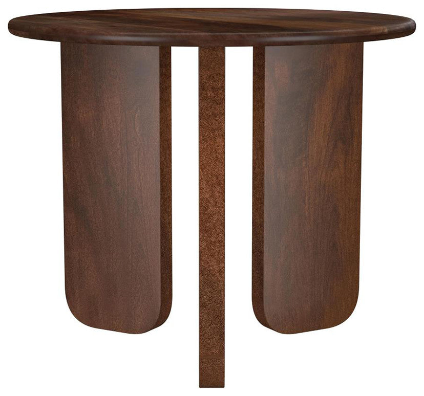 Round Mango Wood End Table With 3 Legs, Brown