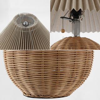 Scandinavian Rattan/Iron Sphere LED Table Lamp With Pleated Shade and Pull Chain