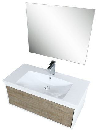 Scopi 36 Rustic Vanity, Acrylic Top With Sink, Gun Metal Faucet Set, 28 Mirror