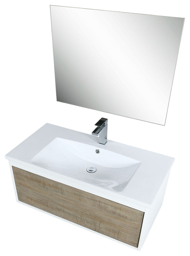 Scopi 36 Rustic Vanity, Acrylic Top With Sink, Gun Metal Faucet Set, 28 Mirror
