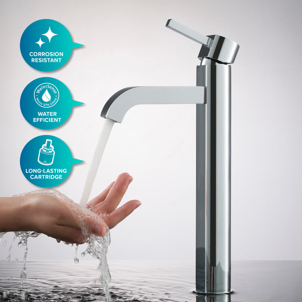 Elavo Round Ceramic Vessel Sink, Bathroom Ramus Faucet, PU Drain, Chrome