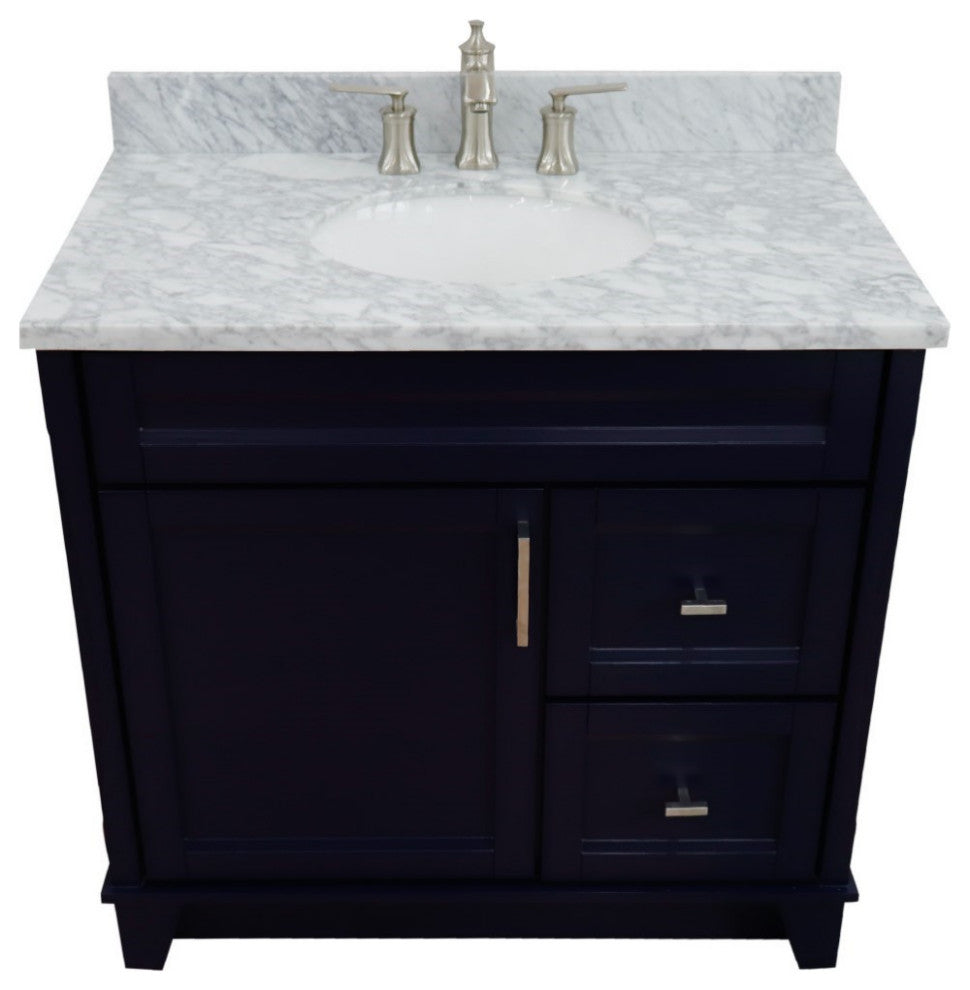 37" Single Sink Vanity, Blue Finish With White Carrara Marble