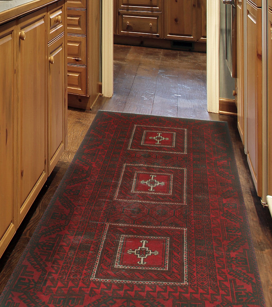 Fine Vintage Distressed Bebegula Red/Charcoal Rug, 3'10x7'0