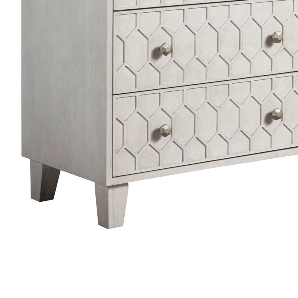 Benzara BM284296 Rue 60" 6 Dresser Drawer, Honeycomb Texture, Wood, Light Gray