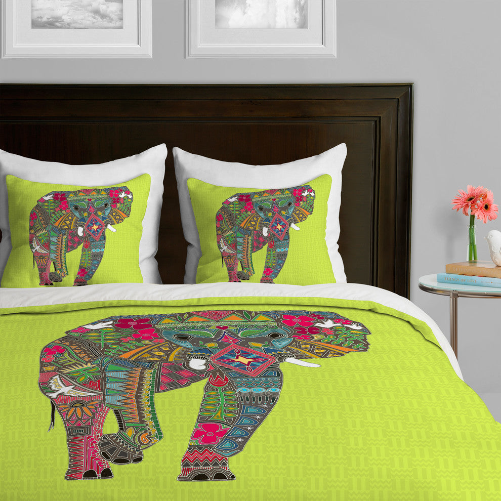 Deny Designs Sharon Turner Painted Elephant Chartreuse Duvet Cover, Lightweight