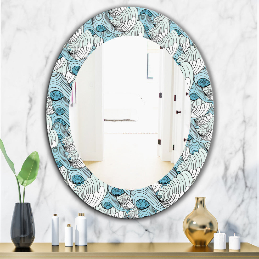 Great Wave Inspiration Traditional Frameless Round Wall Mirror, 24x36
