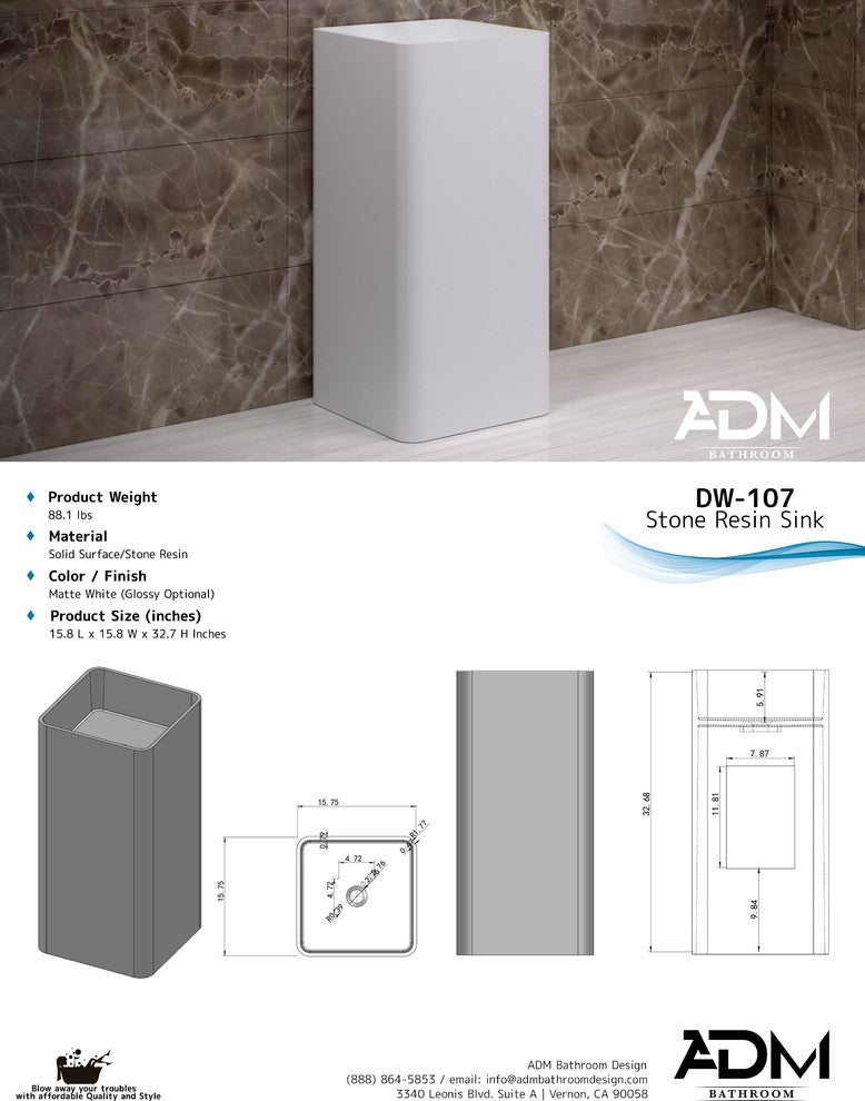 ADM Square Freestanding Pedestal Sink, White, 16", Glossy White