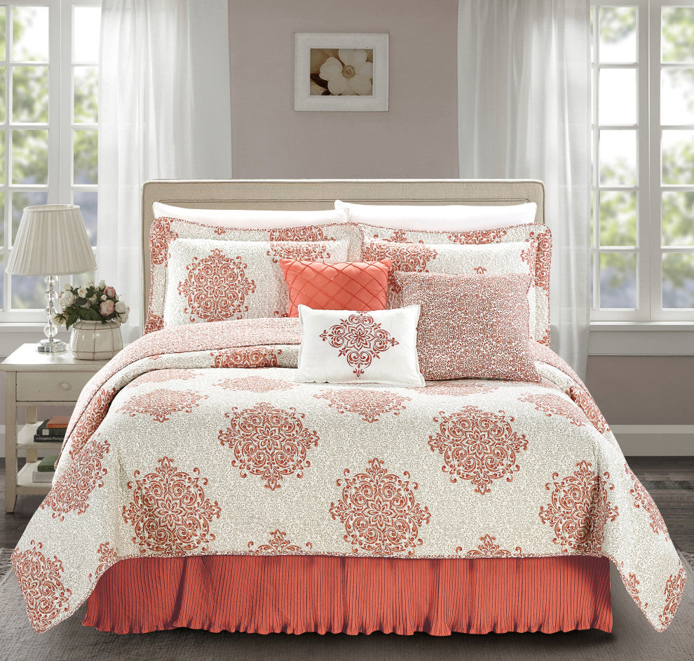 Chelsea Printed Quilted 6 Piece Bed Spread Set, Coral, Queen