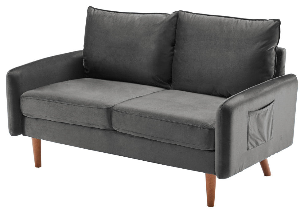 Trout Gray Velvet Modern Loveseat With Side Pockets