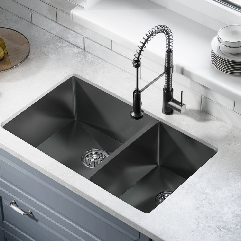 Rivage 33 x 20 Stainless Steel, Dual Basin, Undermount Kitchen Sink, Black