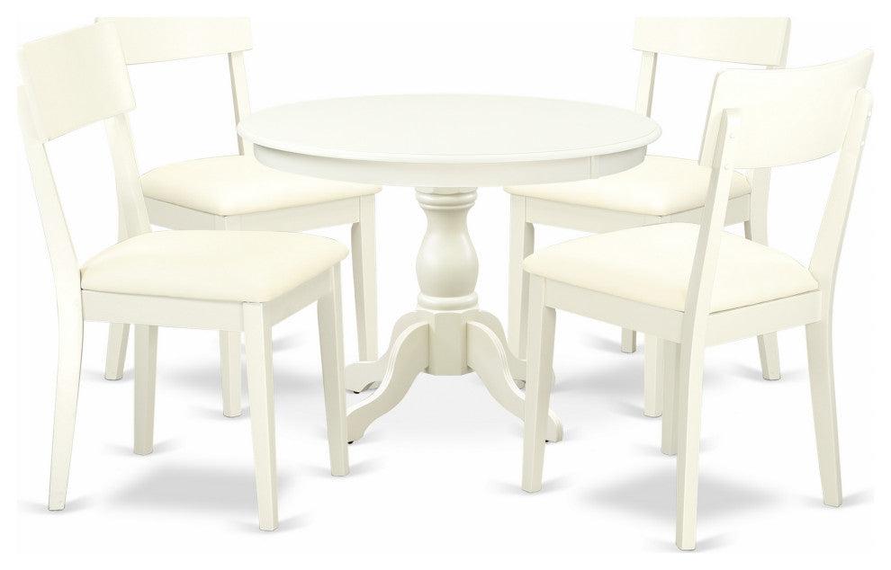 5Pc Dining Set,Small Table, 4 Faux Leather Chairs, Slat Back, Linen White