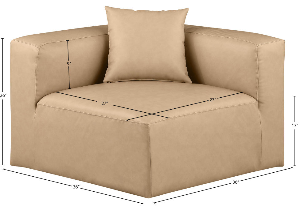 Cube Upholstered Modular Component, Tan, Vegan Leather, Corner Chair