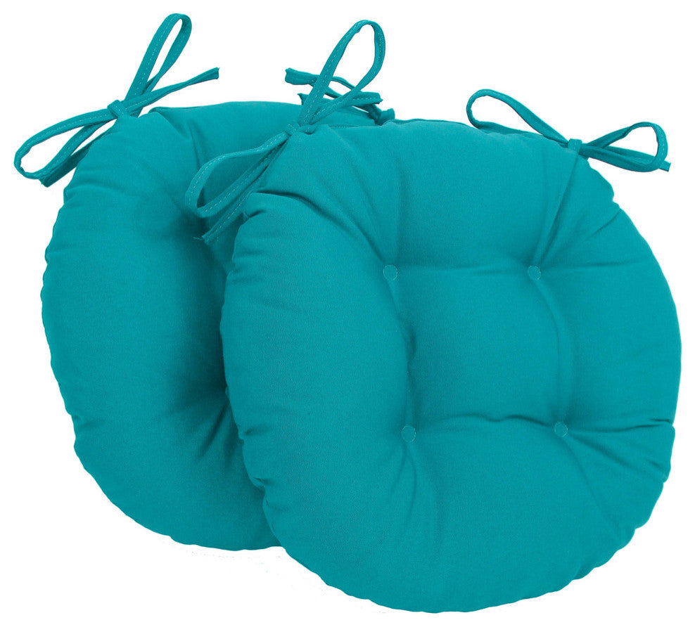 16" Solid Twill Round Tufted Chair Cushions, Set of 2, Aqua Blue