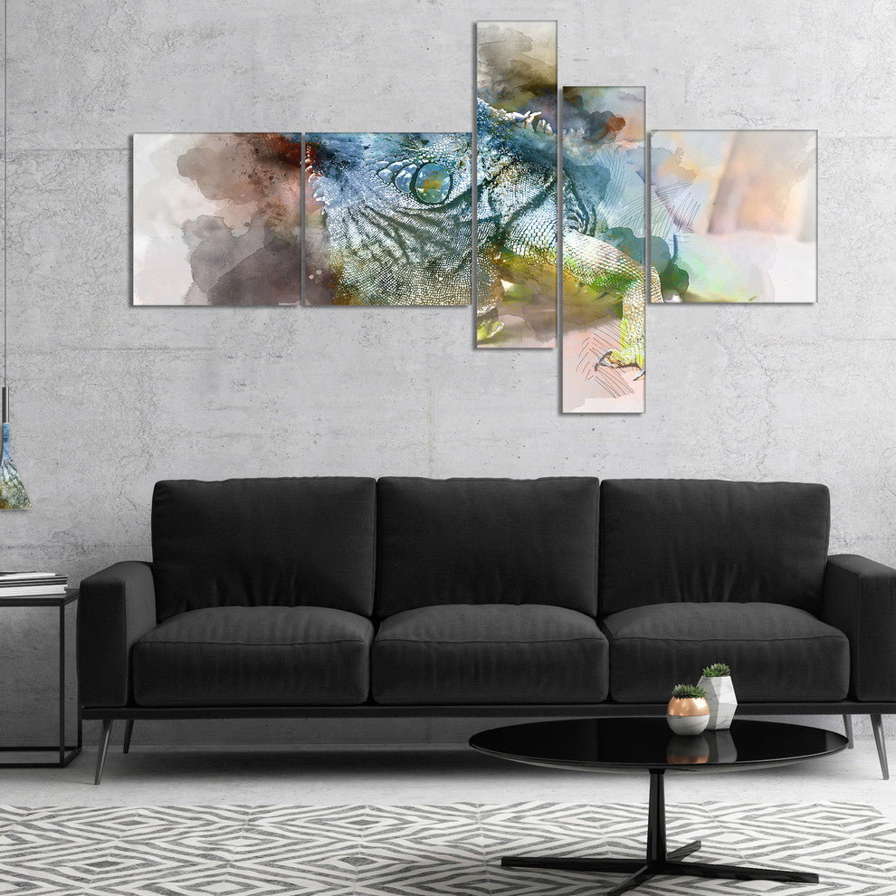 Green Iguana Close Up Painting, Abstract Canvas Artwork, 60"x32", 5 panels