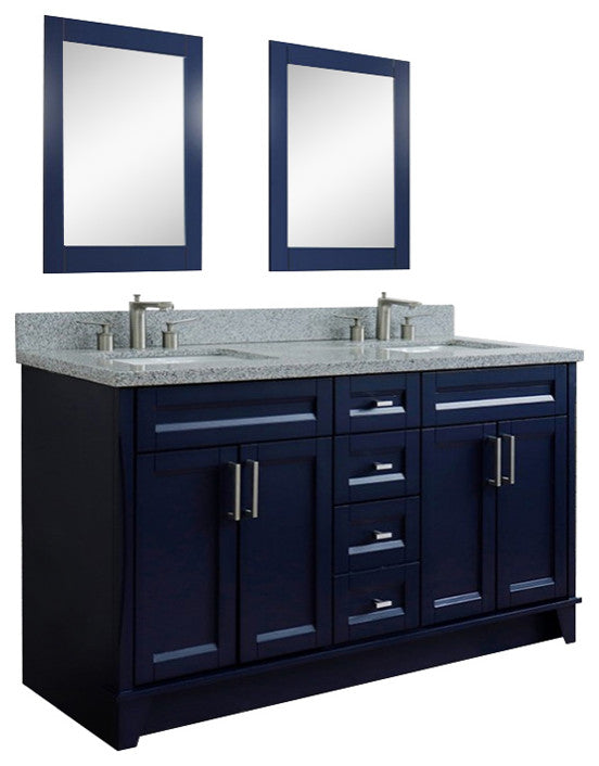 61" Double Sink Vanity, Blue Finish And Gray Granite And Rectangle Sink