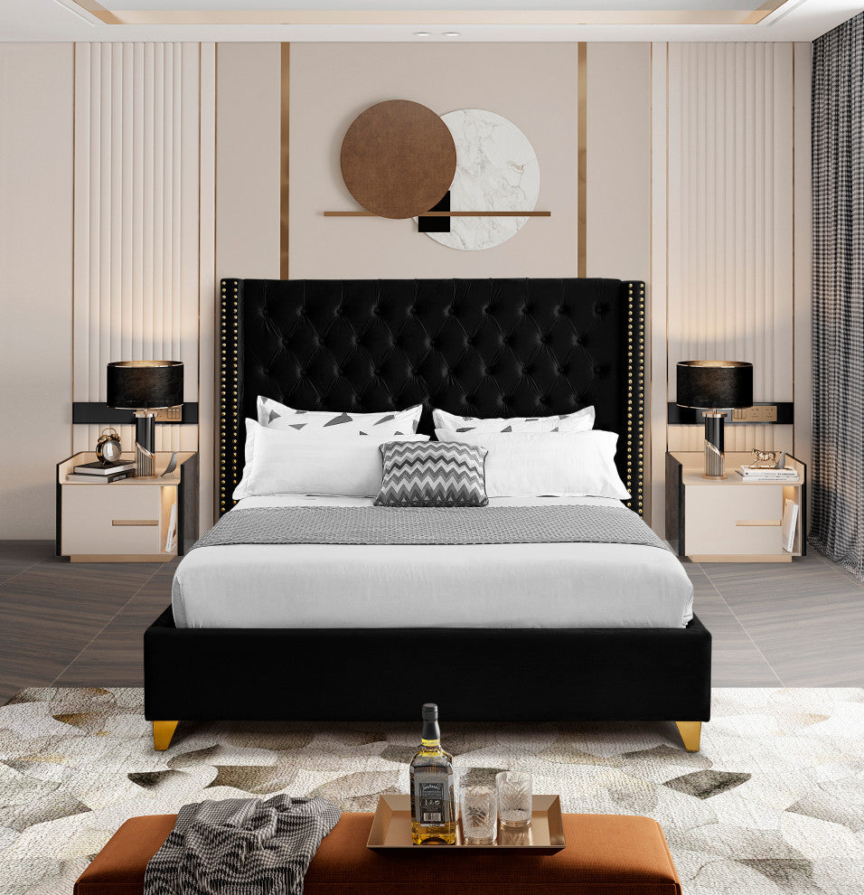 Barolo Velvet Upholstered Bed, Black, Full