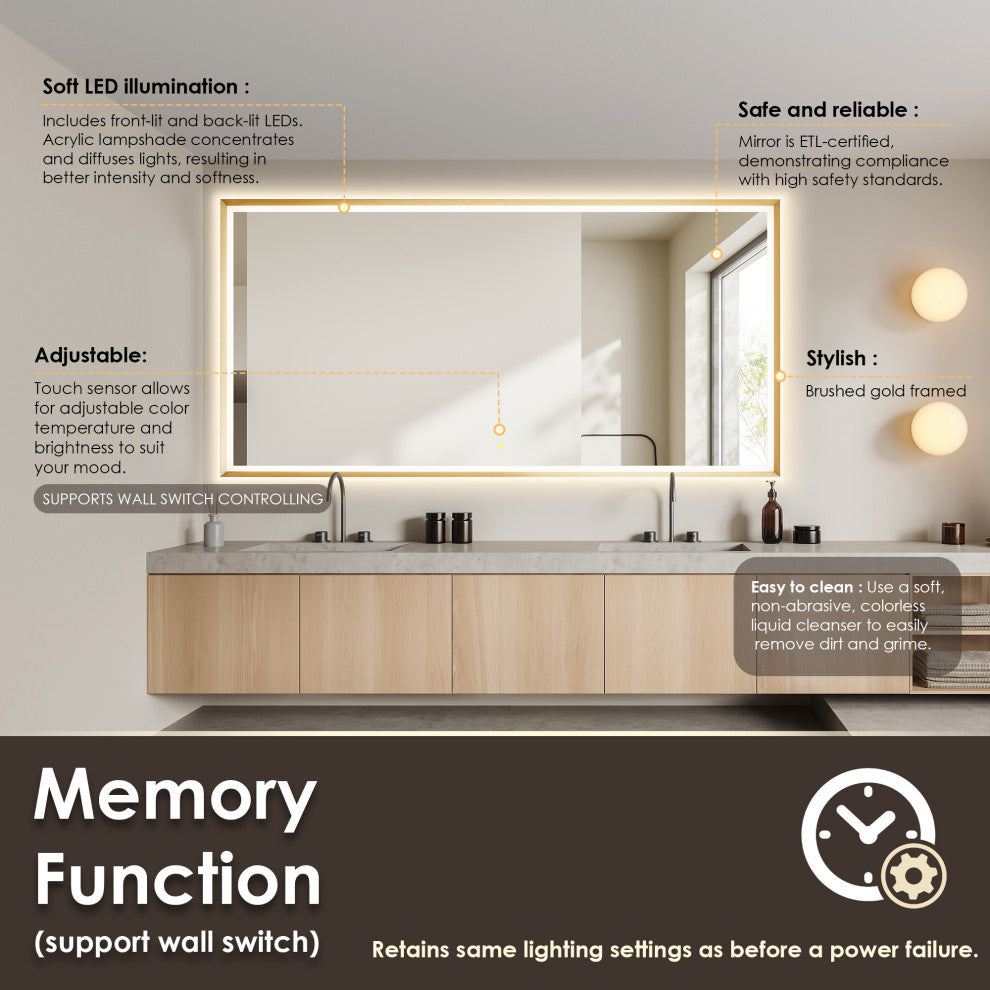 Apollo Anti-Fog Dimmable Vanity, LED Lighted Wall Mirror, Brushed Gold, 84"