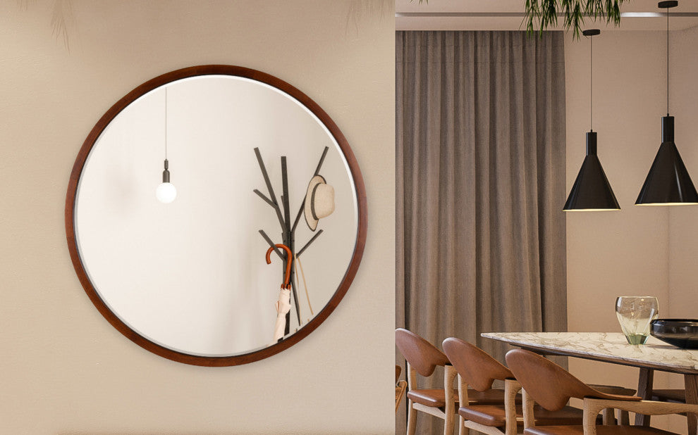 McLean Round Wood Framed Wall Mirror, Walnut Brown 30 Diameter