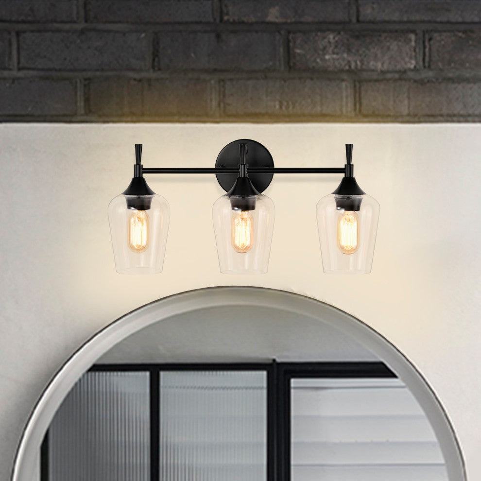 21 in. 3-Light Matte Black Vanity Light With Clear Wine Glass Shades