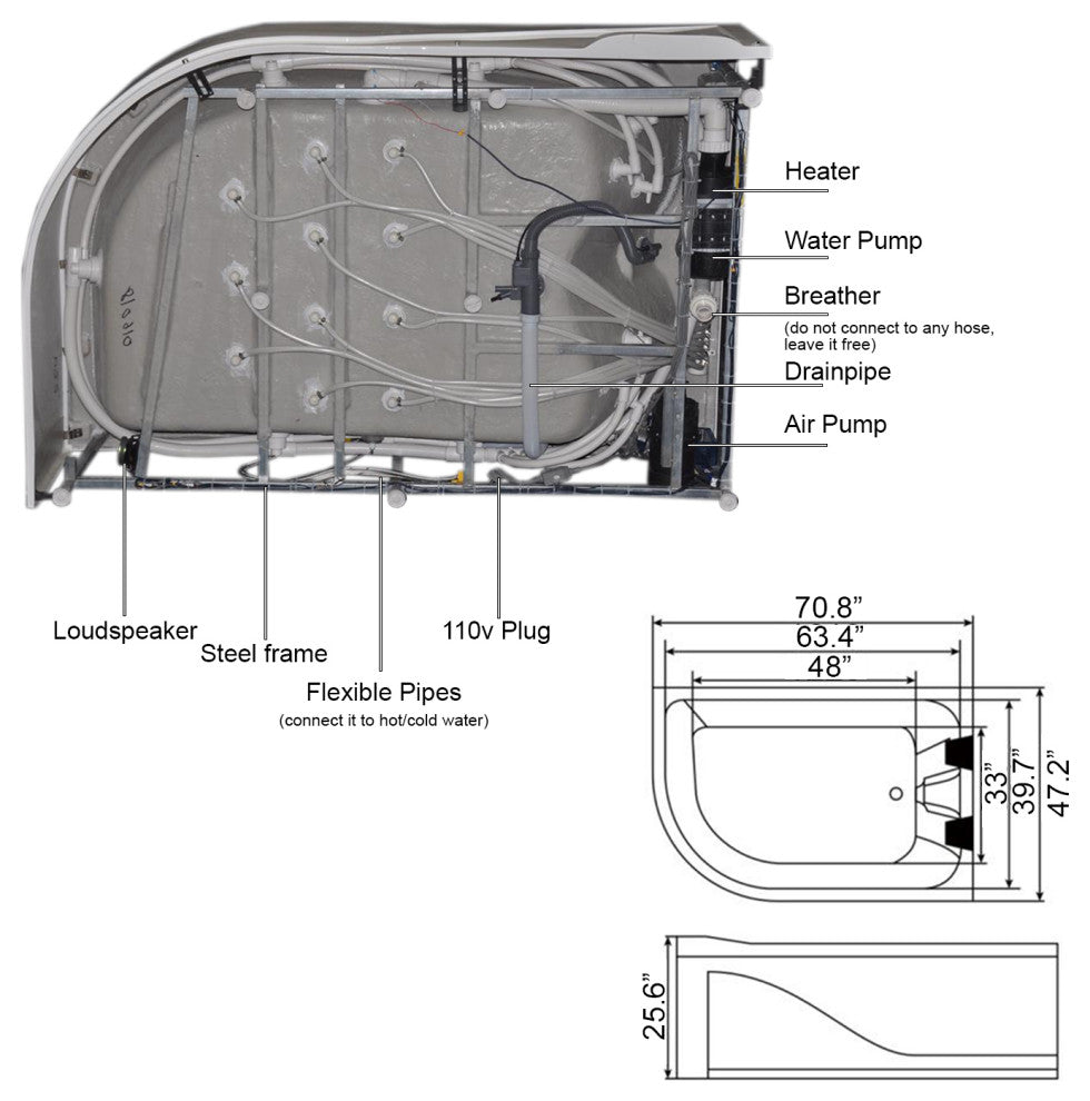 Whirlpool bathtub white 70.8" x 47.2" hot tub with Heater - Florence