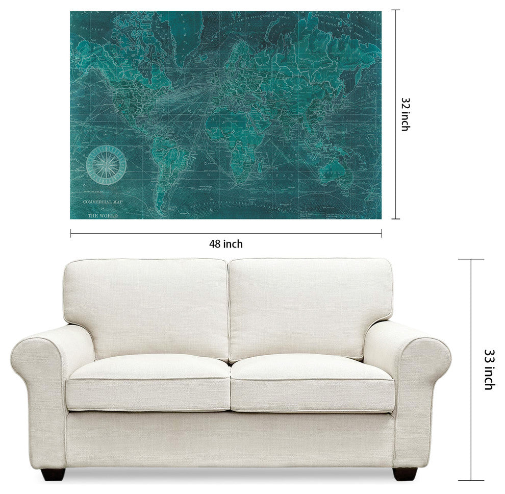 "Azure World" World Map Wall Art on Frameless Tempered Glass 48" x 32"