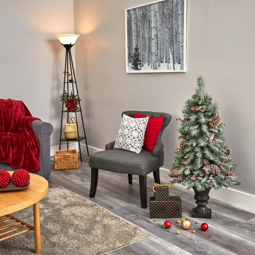 4' Frosted Pine, Pinecone & Berries Faux Xmas Tree W/100 Clear Lights, Urn