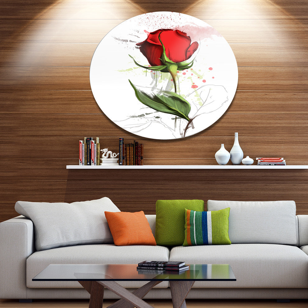 Red Rose Hand-Drawn Illustration, Floral Round Metal Wall Art, 11"