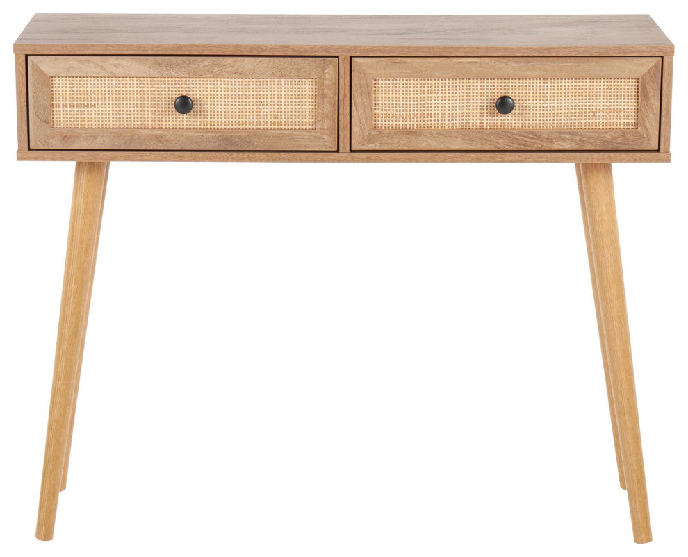 Bora Bora Contemporary Console Table, Natural Wood With Rattan Accents