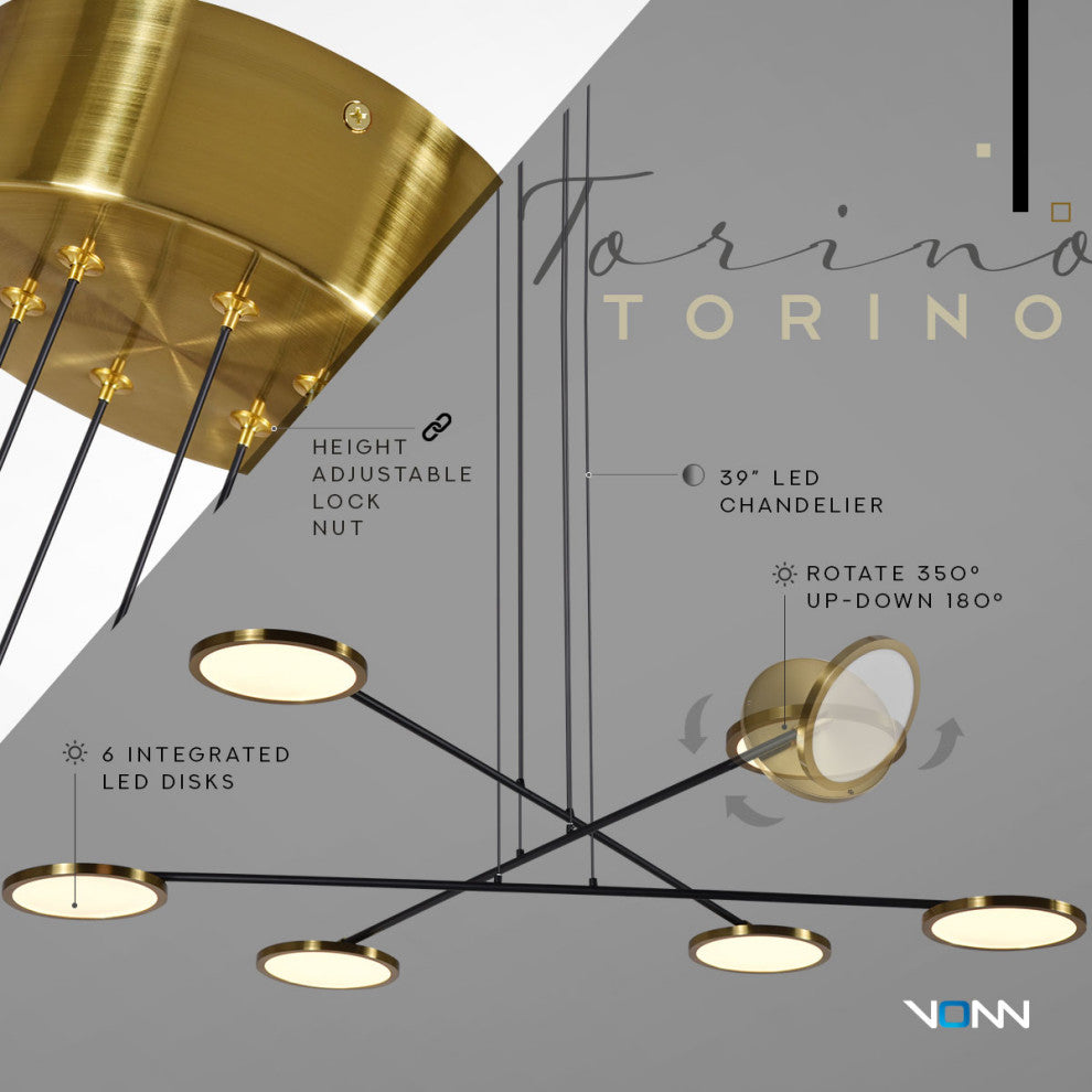 Torino 39" ETL Certified Integrated LED Chandelier, Antique Brass