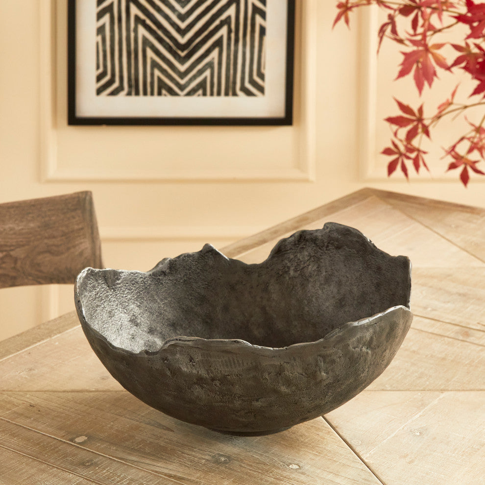 Large 16 in Free Form Dark Gray Decorative Bowl Organic Shape Modern Metal Round