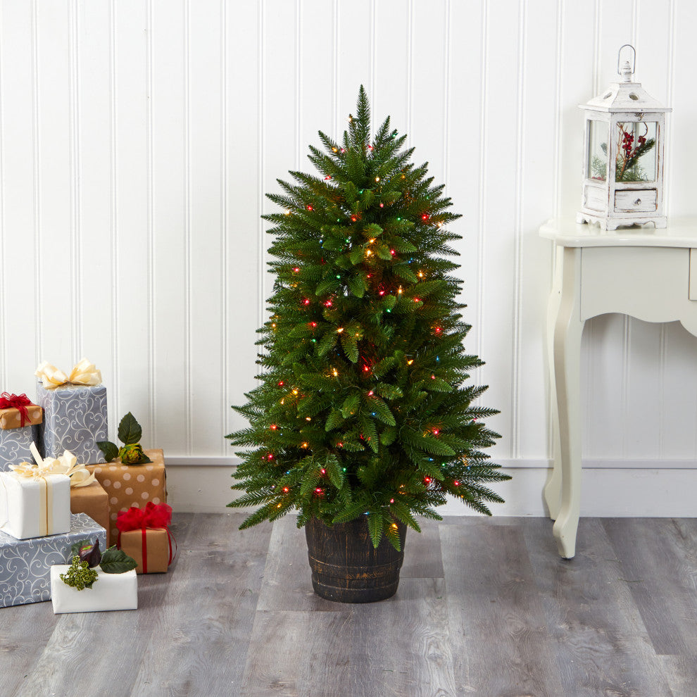 5' Sierra Fir Faux Xmas Tree W/Multicolor Lights & Bendable Branches, Container