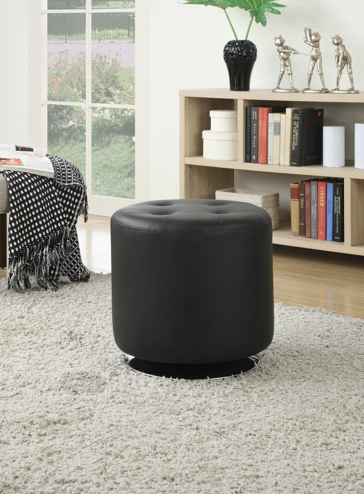 Round Leatherette Upholstered Ottoman, Black