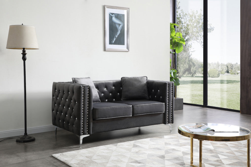 Paige Velvet Tufted Loveseat, Grey