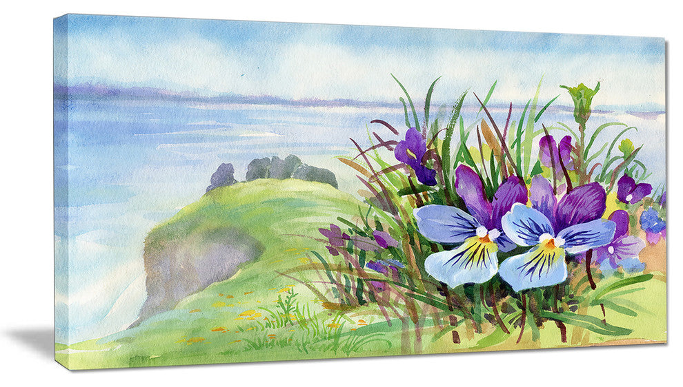 Spring Violet Flowers on Mountain, Large Floral Canvas Art Print, 60"x28"