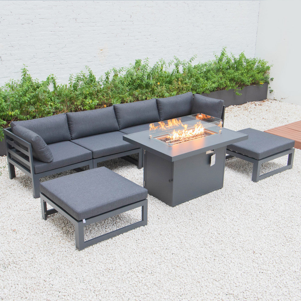 LeisureMod Chelsea 7-Piece Outdoor Sectional With Fire Pit Table, Black