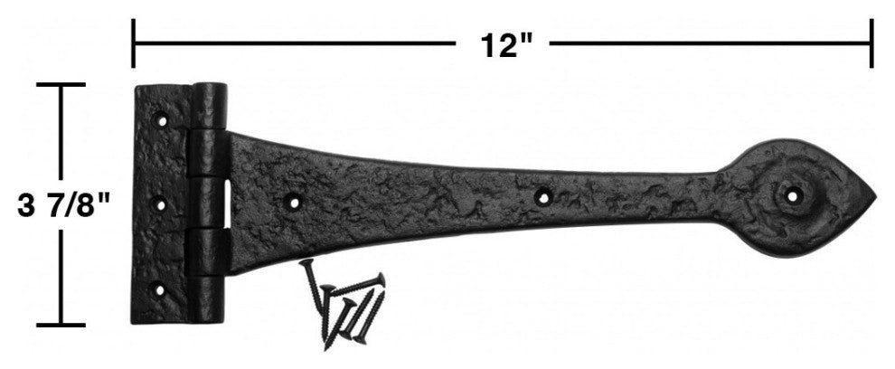 Large Black Wrought Iron Door Strap Hinge 12" L Heart Tip Design Pack of 2