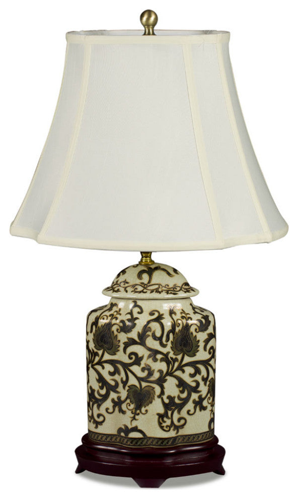 Black and Gold Floral Vine Motif Asian Porcelain Lamp