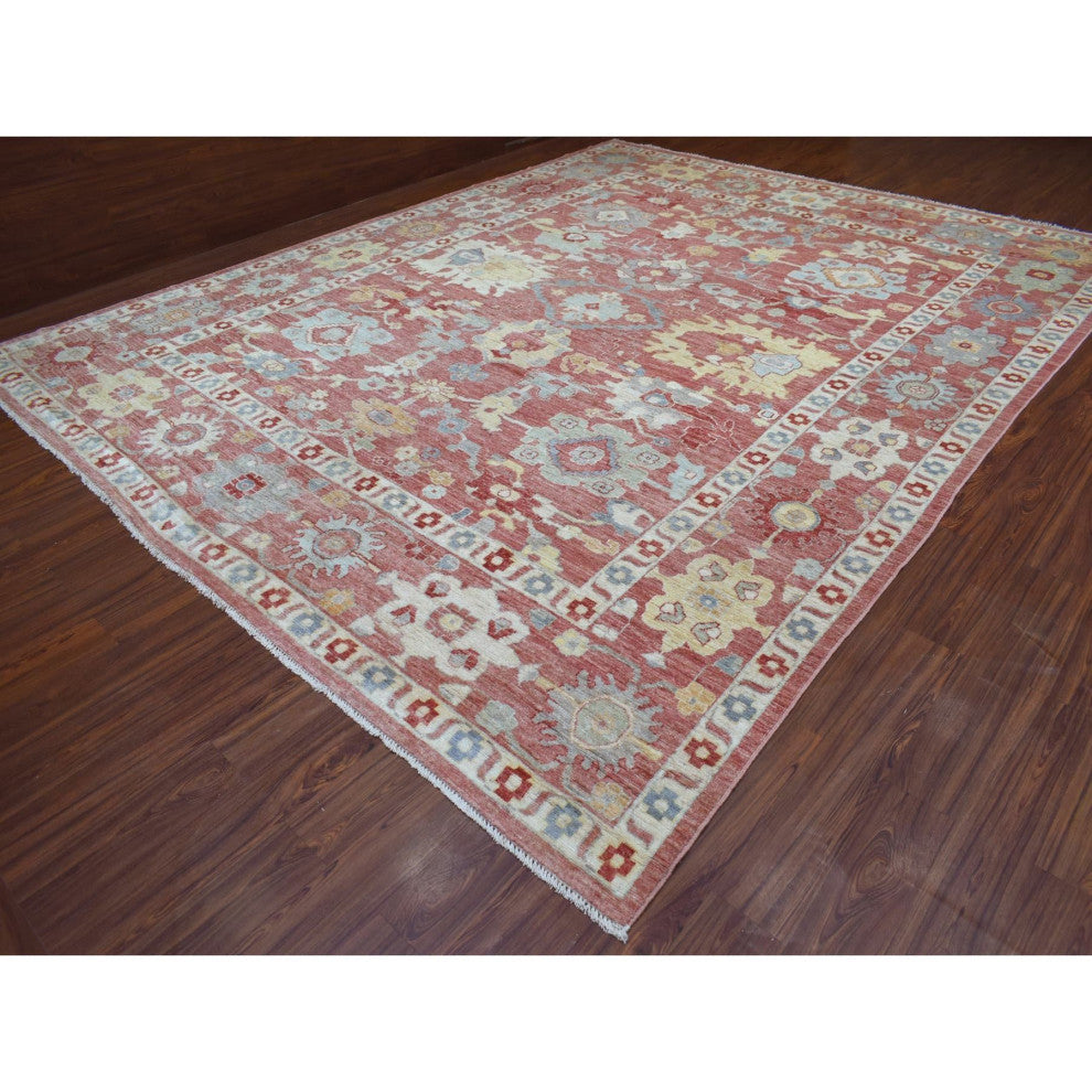 Coral Red, Angora Ushak Soft Wool, Hand Knotted Oversized Rug, 11'7" x 14'6"