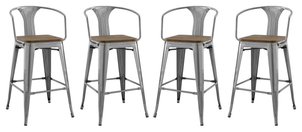 Bar Stool Chair Barstool, Set of 4, Wood, Gunmetal Silver, Bar Pub Cafe Bistro