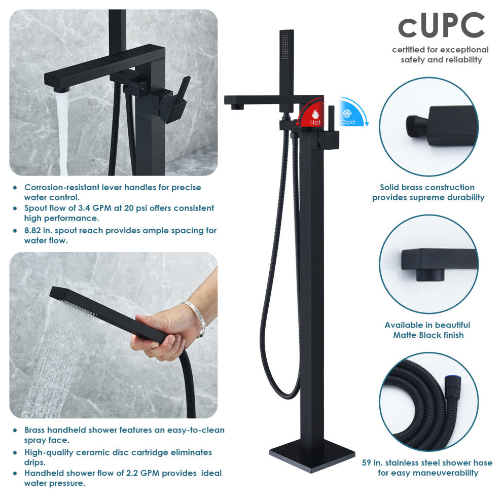 Campia Single Lever Handle Floor Mounted Tub Filler With Handshower, Matte Black