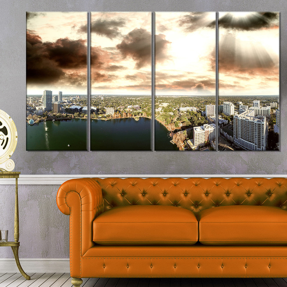 "Downtown Orlando Sunset Aerial" Seascape Art Canvas, 4 Panels, 48"x28"