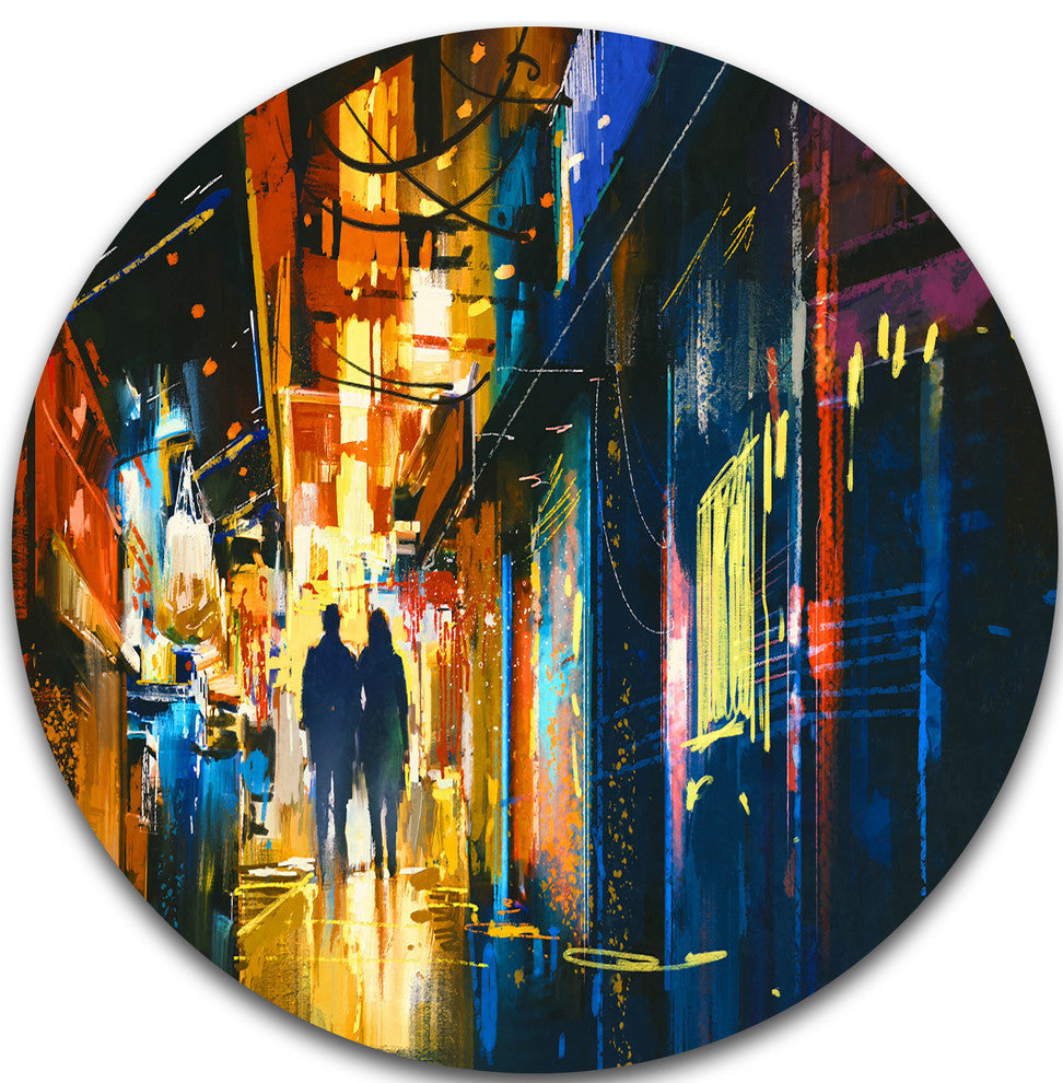 Couple Walking In An Alley, Cityscape Disc Metal Artwork, 36"