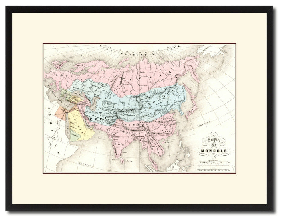 Mongolian Empire Asia Vintage Map Print On Canvas With Picture Frame, 16" X 21"