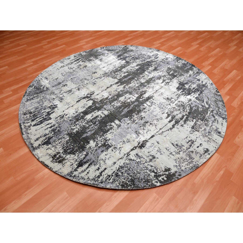 Charcoal Gray Wool and Silk Denser Weave Hand Knotted Round Rug, 8'2"x8'2"