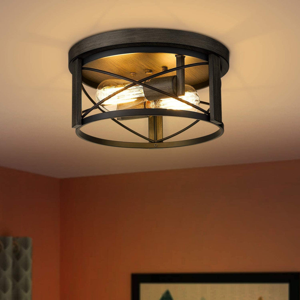 2 Light Flush Mount Light Fixture Cage Drum Wood Ceiling Lamp