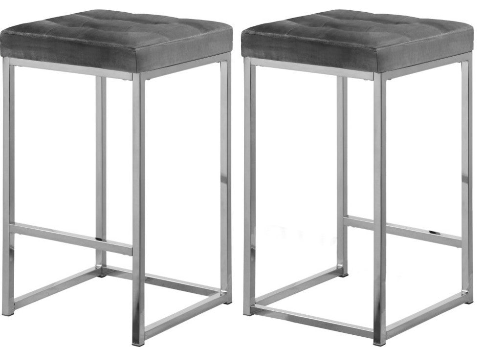 Nicola Counter Stool, Set of 2, Gray, Velvet, Chrome Base